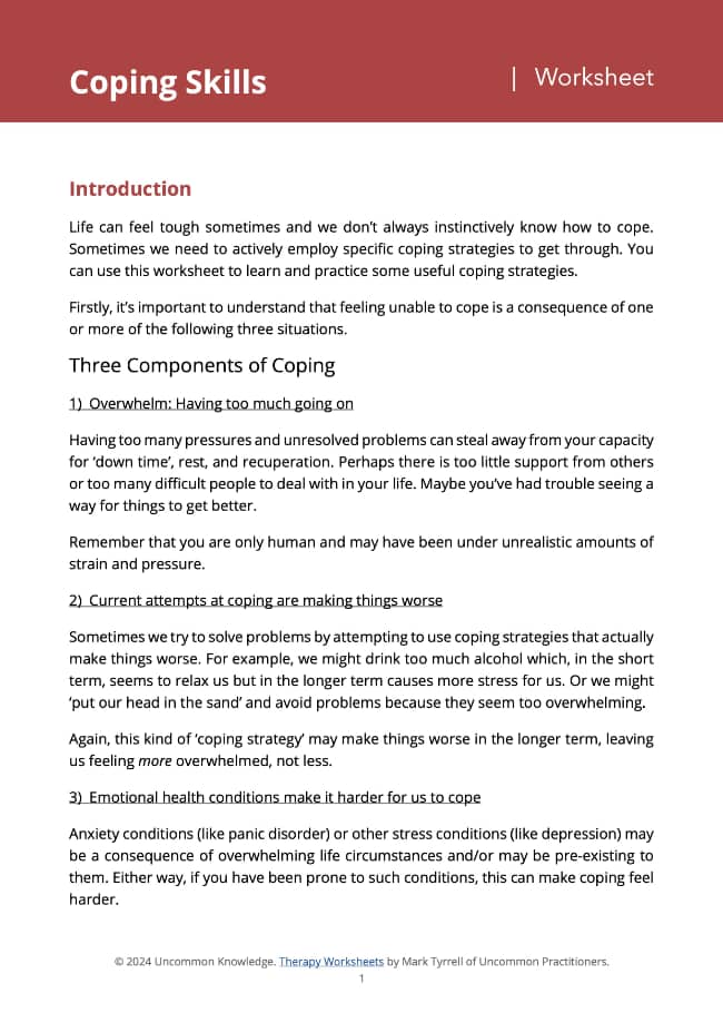 Free Coping Skills Worksheet from Uncommon Knowledge