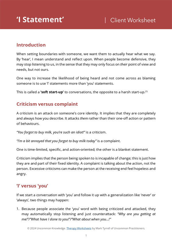 Free I Statement Worksheet from Uncommon Knowledge