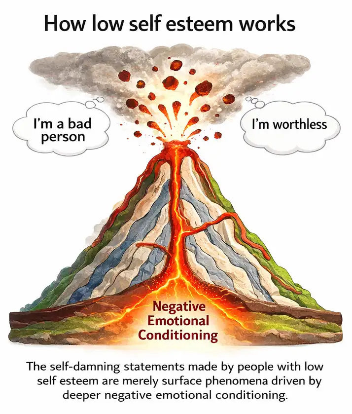 Although low self esteem manifests as words and behaviours, the real cause runs much deeper.